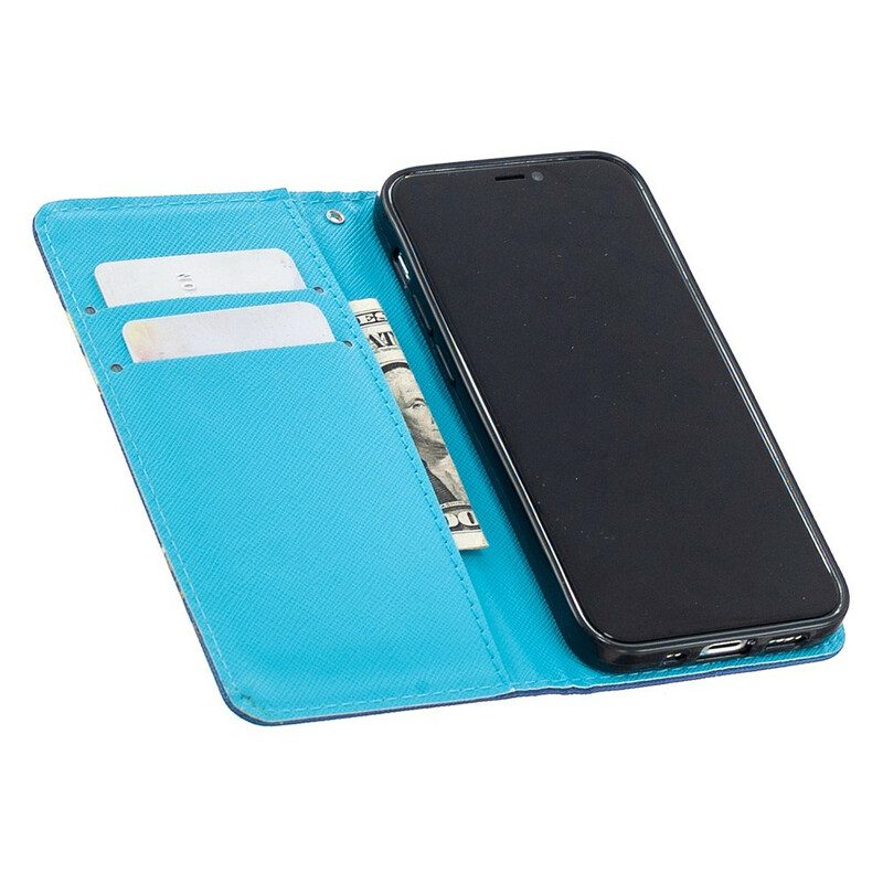 Flip Case Für iPhone 12 Mini Mit Kordel Blaue Schmetterlinge Und Blumen Mit Riemen