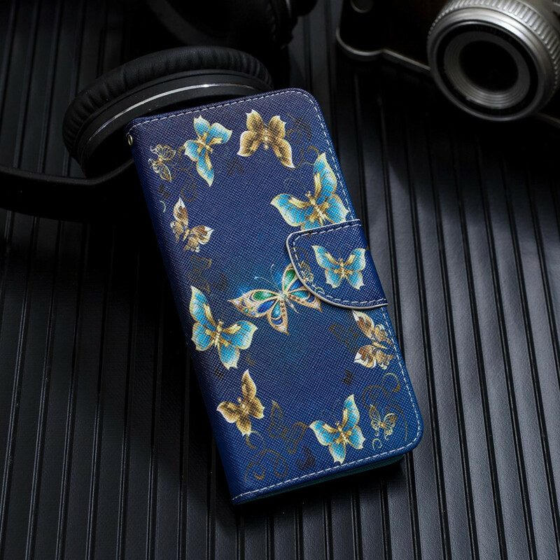 Flip Case Für iPhone 12 Mini Mit Kordel Blaue Schmetterlinge Und Blumen Mit Riemen