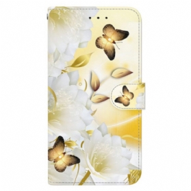 Lederhüllen Realme 12 / 12x 5g Handyhülle Goldene Schmetterlinge Und Blumen Mit Riemen