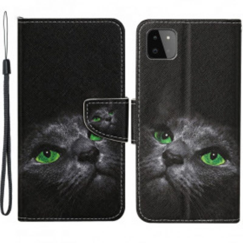 Flip Case Für Samsung Galaxy A22 5G Grünäugige Katze Mit Schlüsselband