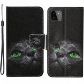 Flip Case Für Samsung Galaxy A22 5G Grünäugige Katze Mit Schlüsselband