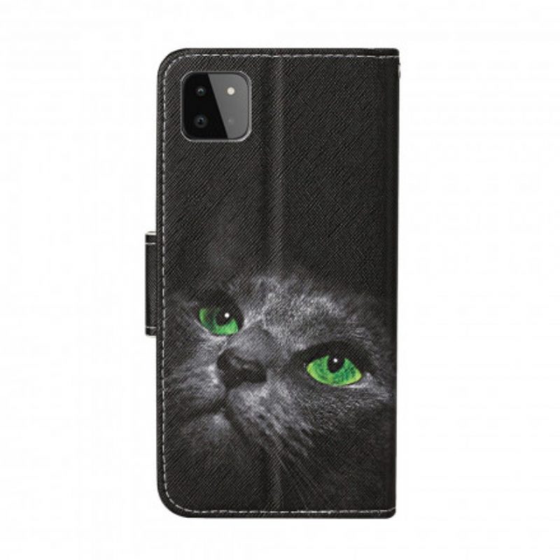 Flip Case Für Samsung Galaxy A22 5G Grünäugige Katze Mit Schlüsselband