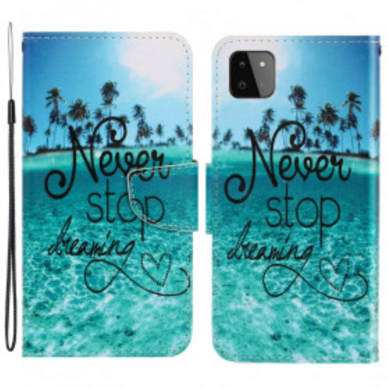 Flip Case Für Samsung Galaxy A22 5G Mit Kordel Never Stop Dreaming Navy Strappy