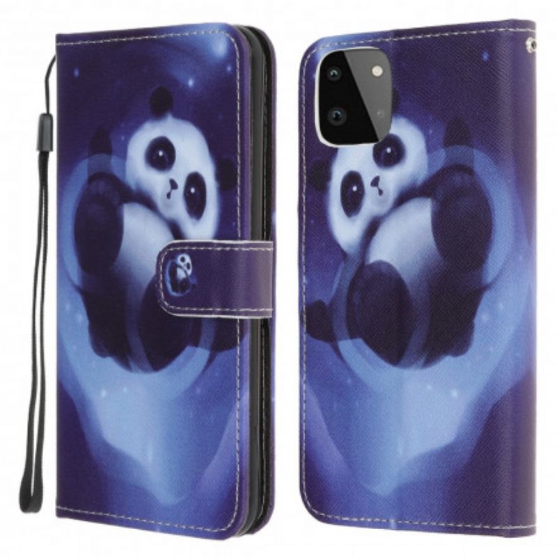 Flip Case Für Samsung Galaxy A22 5G Mit Kordel Panda Space Mit Schlüsselband