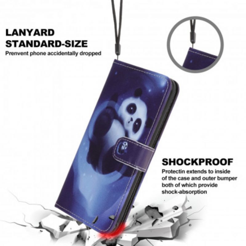 Flip Case Für Samsung Galaxy A22 5G Mit Kordel Panda Space Mit Schlüsselband