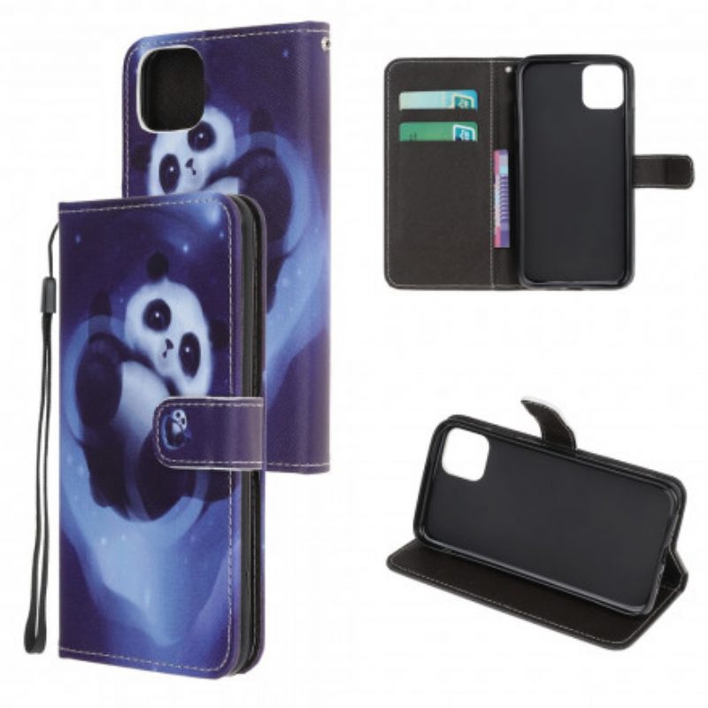 Flip Case Für Samsung Galaxy A22 5G Mit Kordel Panda Space Mit Schlüsselband