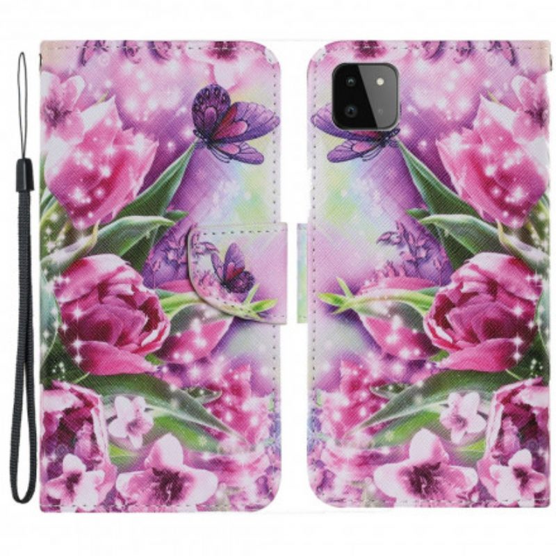 Flip Case Für Samsung Galaxy A22 5G Schmetterlinge Und Tulpen