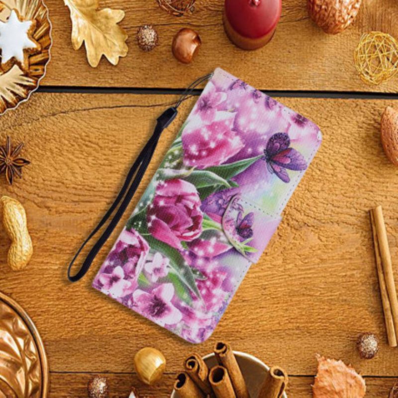 Flip Case Für Samsung Galaxy A22 5G Schmetterlinge Und Tulpen