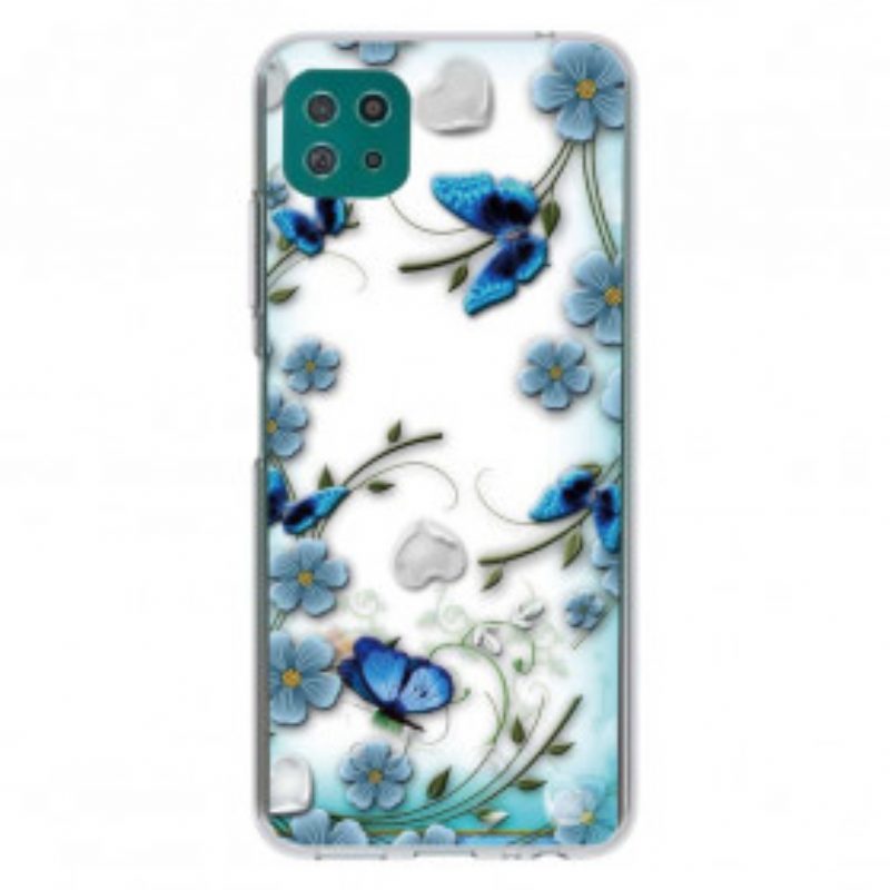 Handyhülle Für Samsung Galaxy A22 5G Nahtlose Retro-schmetterlinge Und Blumen