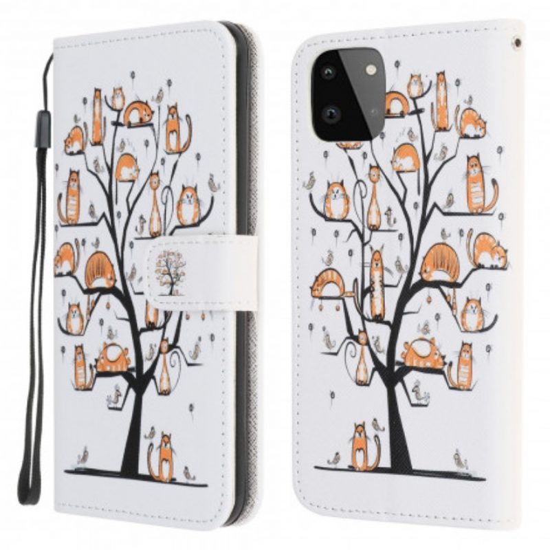 Lederhüllen Für Samsung Galaxy A22 5G Mit Kordel Funky Cats Mit Riemen