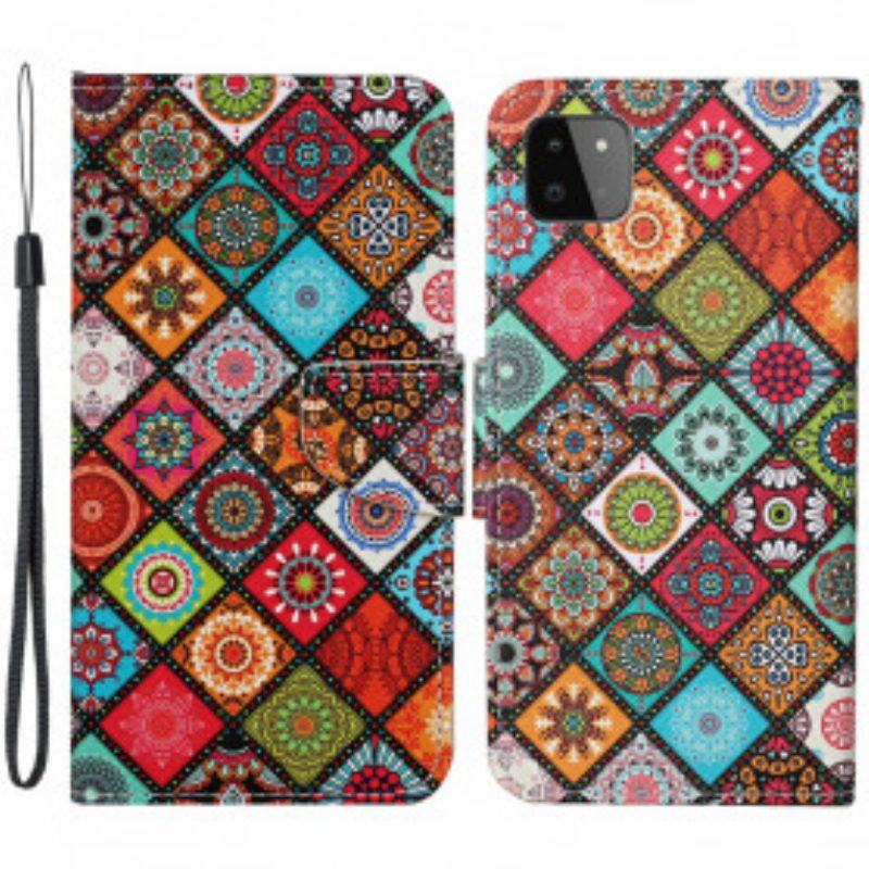 Lederhüllen Für Samsung Galaxy A22 5G Patchwork-mandalas Mit Schlüsselband