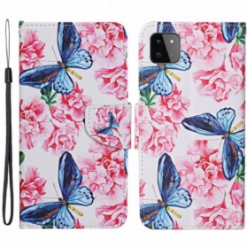 Lederhüllen Für Samsung Galaxy A22 5G Schmetterlinge Blumen-lanyard