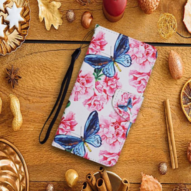 Lederhüllen Für Samsung Galaxy A22 5G Schmetterlinge Blumen-lanyard