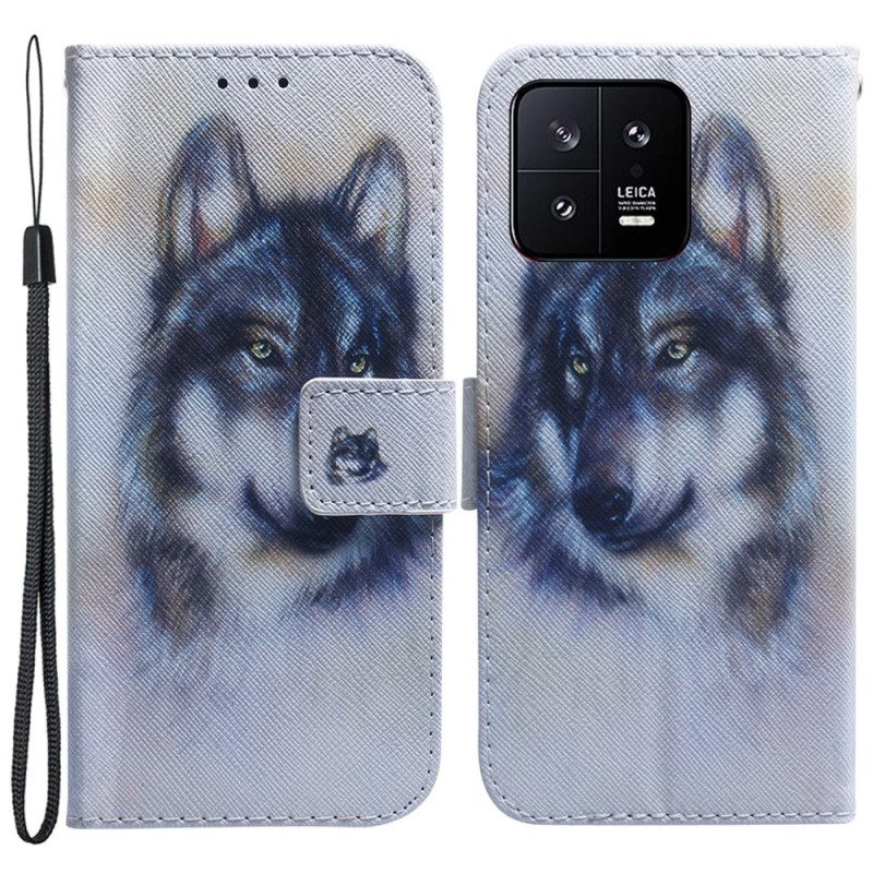 Flip Case Für Xiaomi 13 Mit Kordel Riemchen-aquarell-wolf