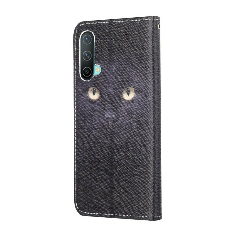 Flip Case Für OnePlus Nord CE 5G Mit Kordel Riemchenförmige Schwarze Katzenaugen