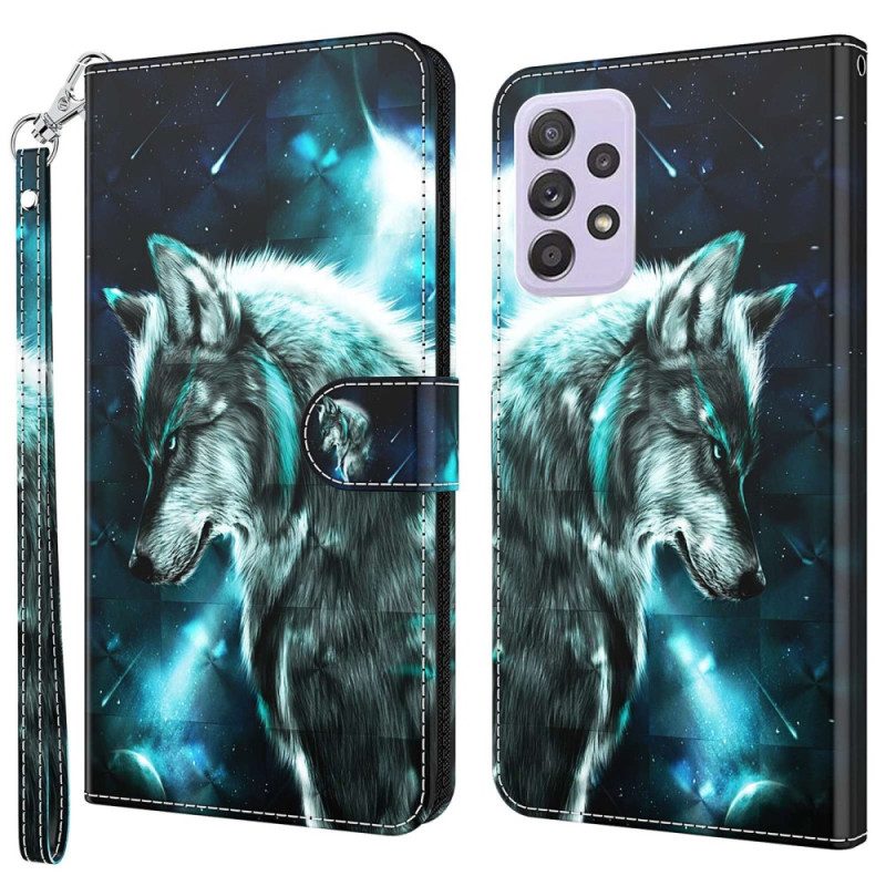 Flip Case Für Samsung Galaxy A23 5G Mit Kordel Schlüsselband Wolf