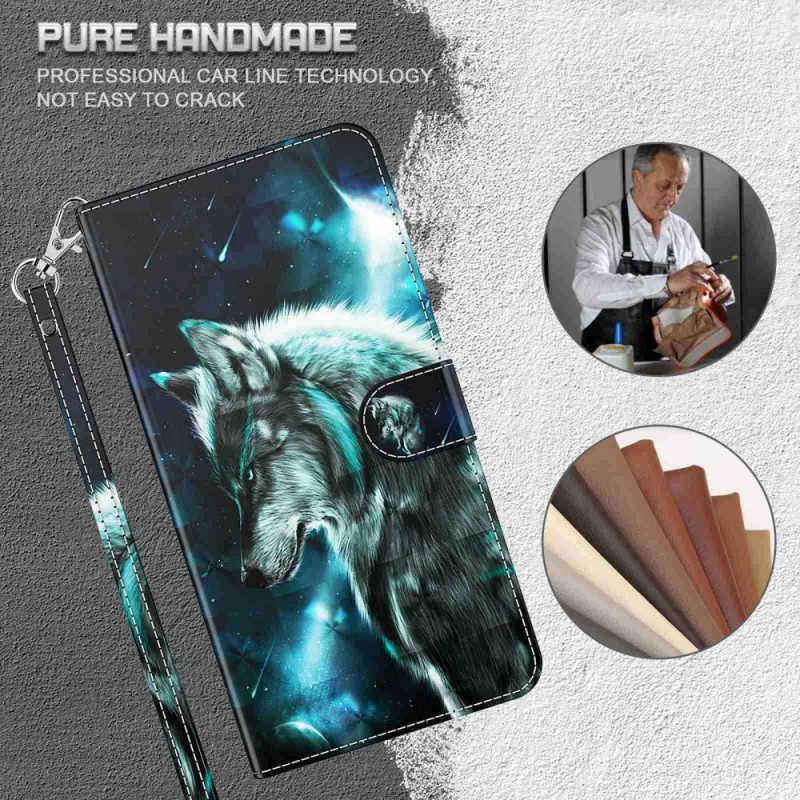 Flip Case Für Samsung Galaxy A23 5G Mit Kordel Schlüsselband Wolf