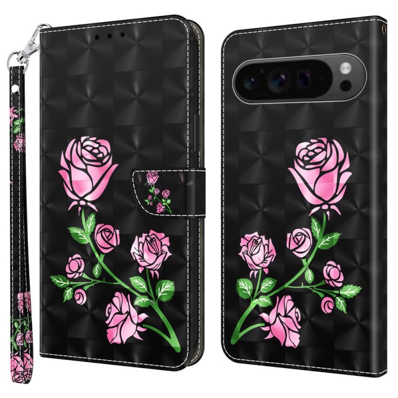 Lederhüllen Für Google Pixel 9 Pro Xl Rosa Blumen Mit Riemen