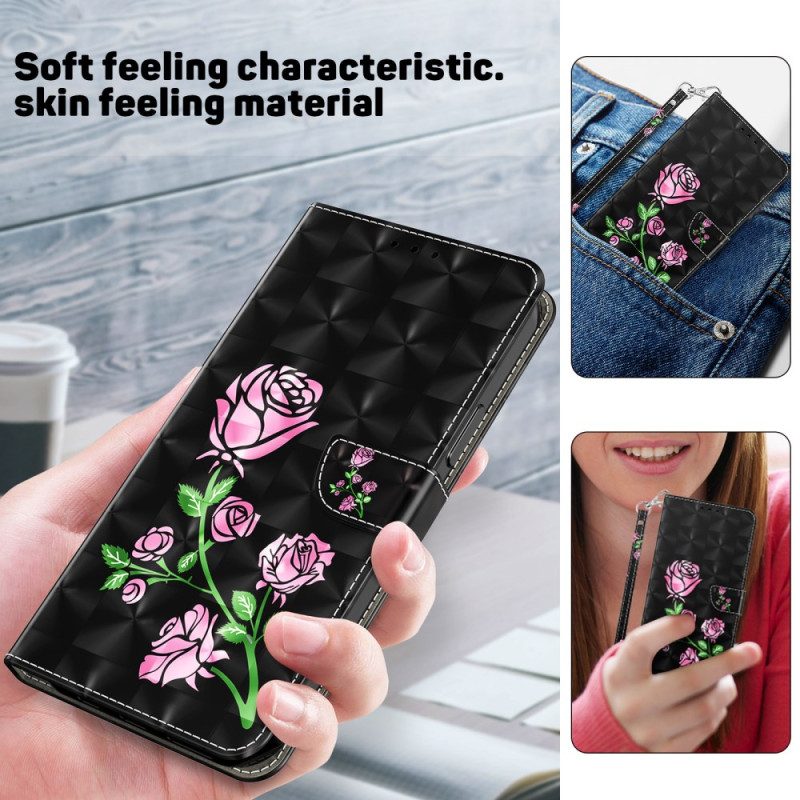 Lederhüllen Für Google Pixel 9 Pro Xl Rosa Blumen Mit Riemen