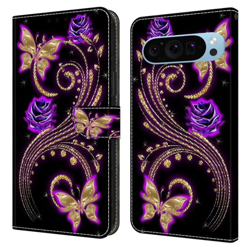 Lederhüllen Für Google Pixel 9 Pro Xl Violette Blumen Und Schmetterlinge