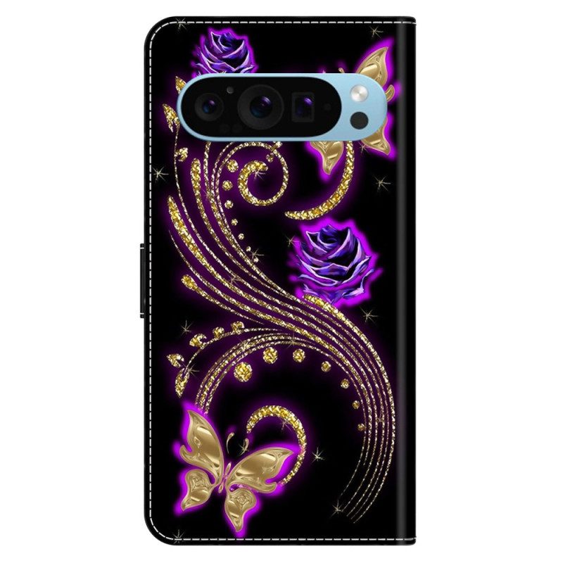 Lederhüllen Für Google Pixel 9 Pro Xl Violette Blumen Und Schmetterlinge