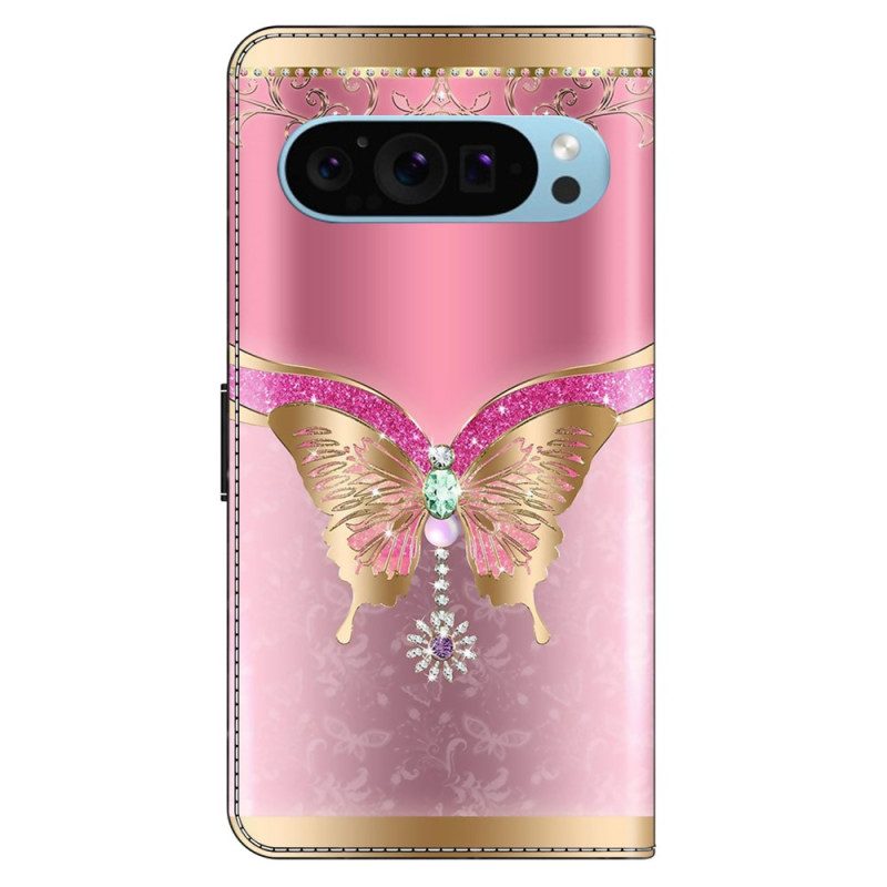 Lederhüllen Google Pixel 9 Pro Xl Handyhülle Rosa Und Goldener Schmetterling