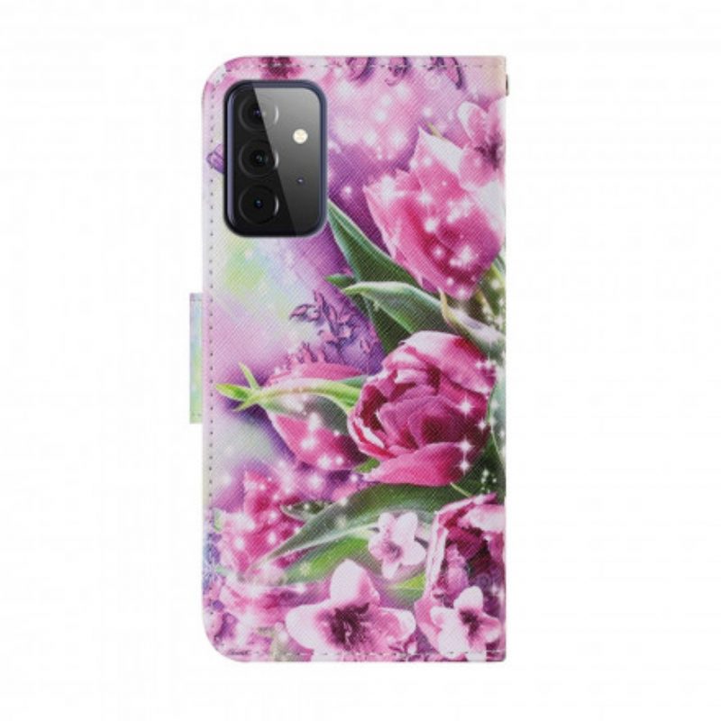 Flip Case Für Samsung Galaxy A72 4G / A72 5G Schmetterlinge Und Tulpen