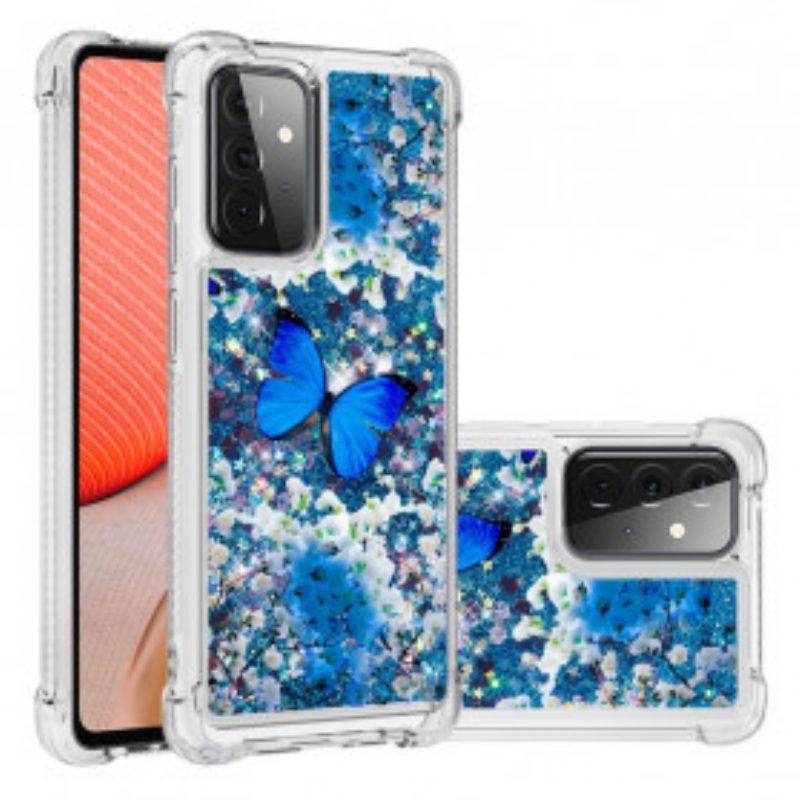 Handyhülle Für Samsung Galaxy A72 4G / A72 5G Glitzernde Blaue Schmetterlinge