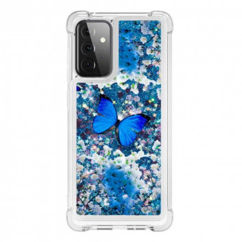 Handyhülle Für Samsung Galaxy A72 4G / A72 5G Glitzernde Blaue Schmetterlinge