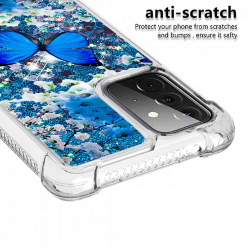 Handyhülle Für Samsung Galaxy A72 4G / A72 5G Glitzernde Blaue Schmetterlinge