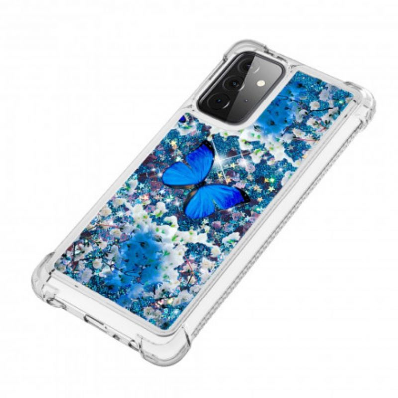 Handyhülle Für Samsung Galaxy A72 4G / A72 5G Glitzernde Blaue Schmetterlinge