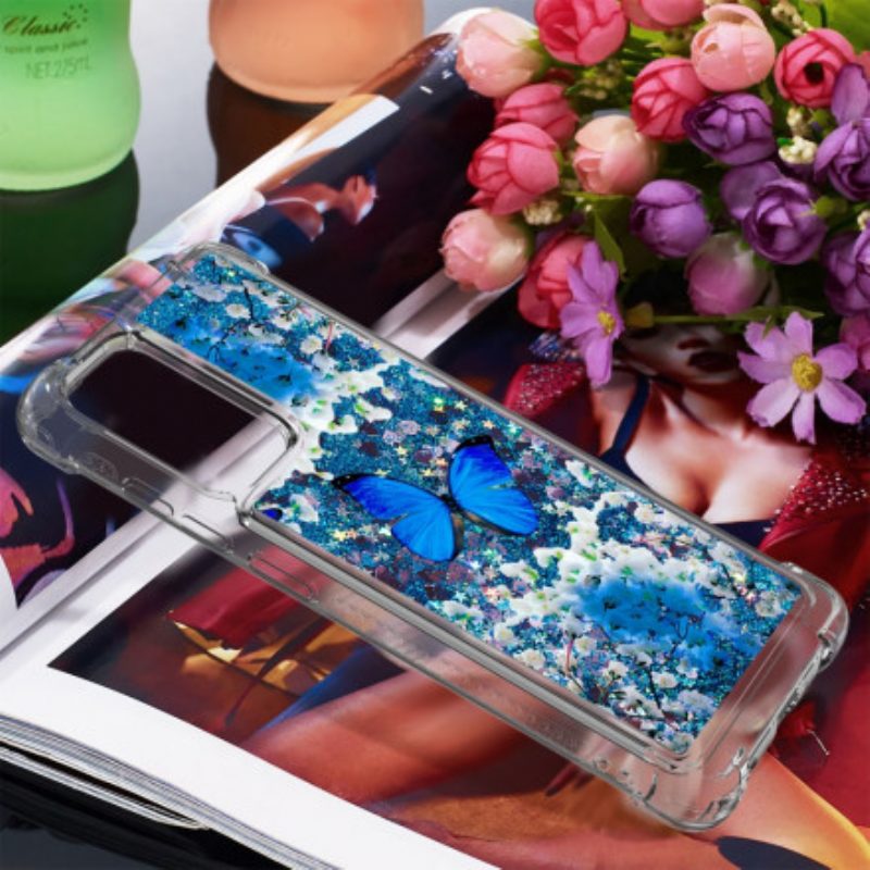 Handyhülle Für Samsung Galaxy A72 4G / A72 5G Glitzernde Blaue Schmetterlinge