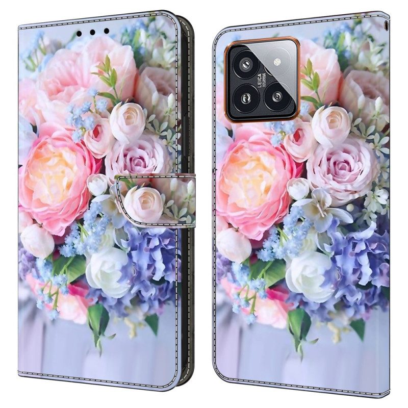 Lederhüllen Xiaomi 14 Pro Handyhülle Bunte Blumen