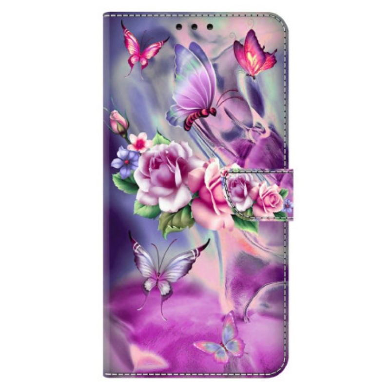 Lederhüllen Xiaomi 14 Pro Lila Schmetterlinge Und Blumen