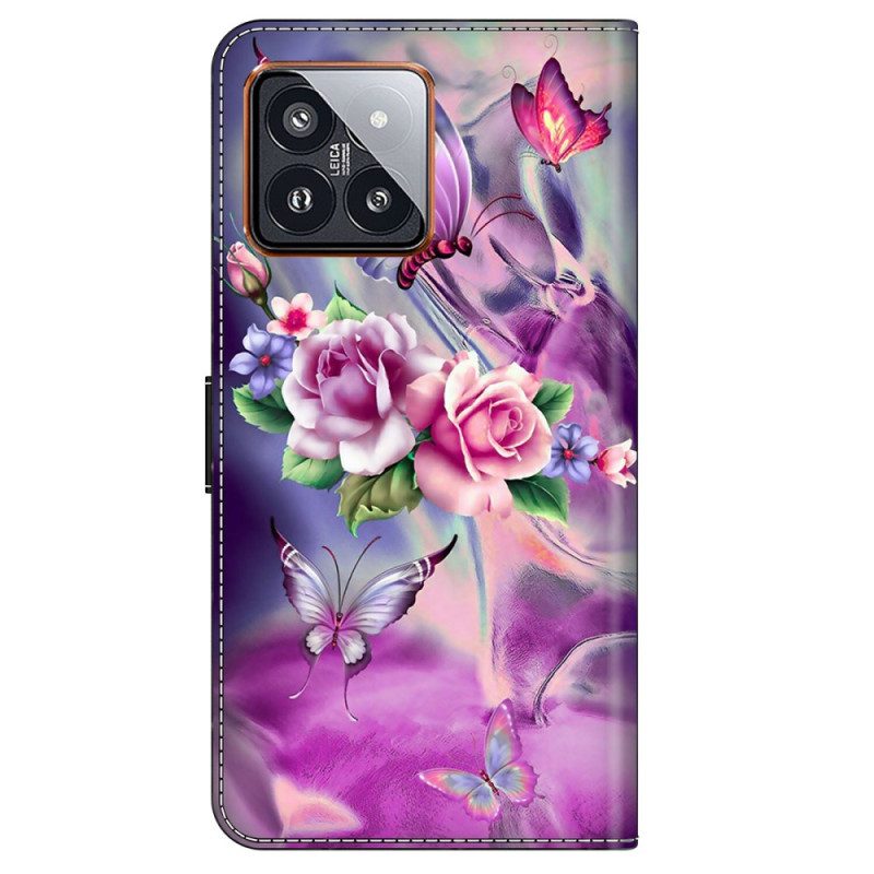 Lederhüllen Xiaomi 14 Pro Lila Schmetterlinge Und Blumen