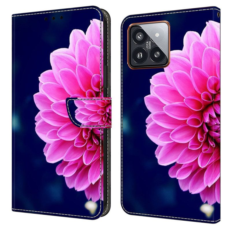 Lederhüllen Xiaomi 14 Pro Rosa Blume Auf Blauem Hintergrund