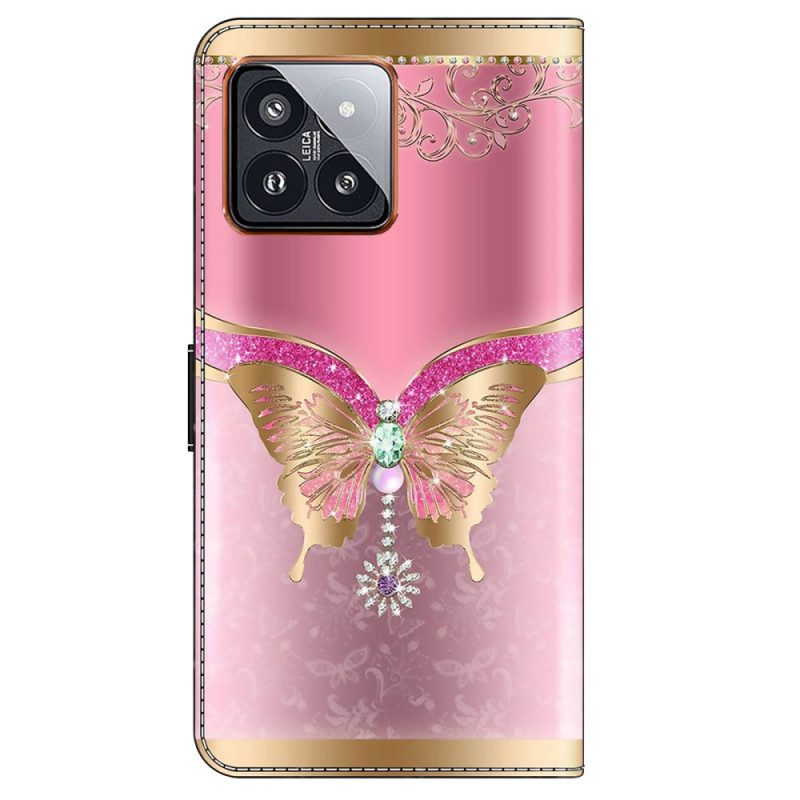 Lederhüllen Xiaomi 14 Pro Rosa Und Goldener Schmetterling