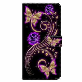 Lederhüllen Xiaomi 14 Pro Violette Blumen Und Schmetterlinge