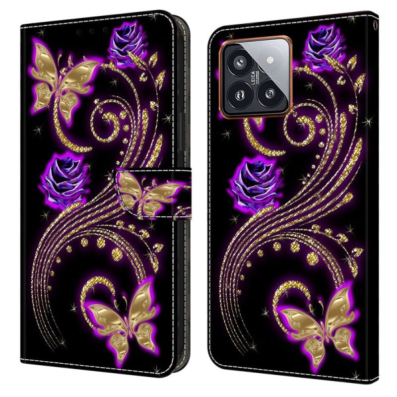 Lederhüllen Xiaomi 14 Pro Violette Blumen Und Schmetterlinge