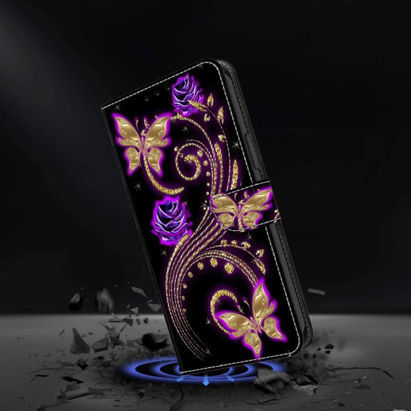 Lederhüllen Xiaomi 14 Pro Violette Blumen Und Schmetterlinge