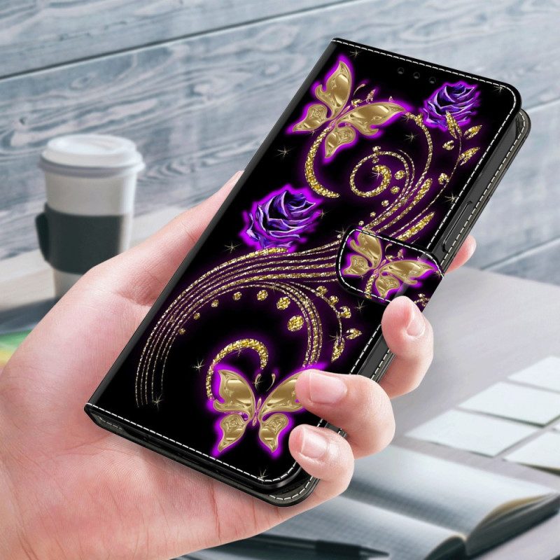 Lederhüllen Xiaomi 14 Pro Violette Blumen Und Schmetterlinge