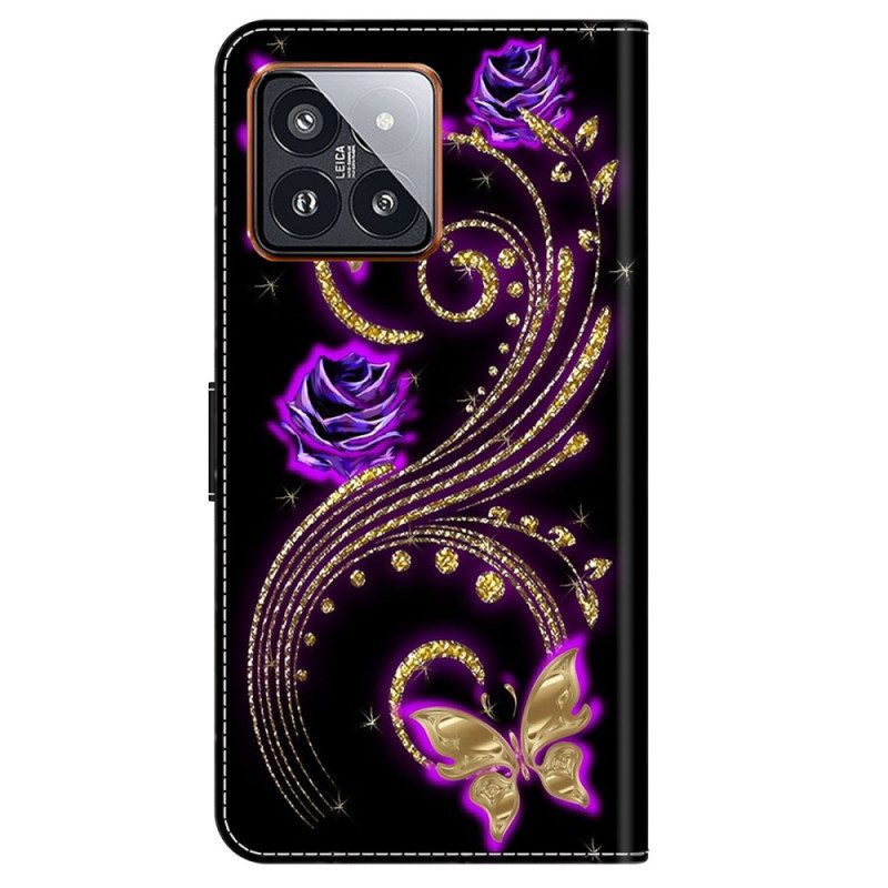 Lederhüllen Xiaomi 14 Pro Violette Blumen Und Schmetterlinge