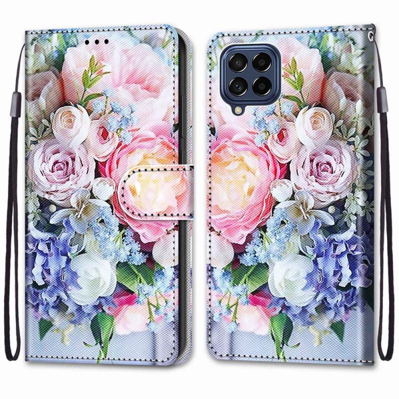 Flip Case Für Samsung Galaxy M53 5G Blumen Mit Schlüsselband