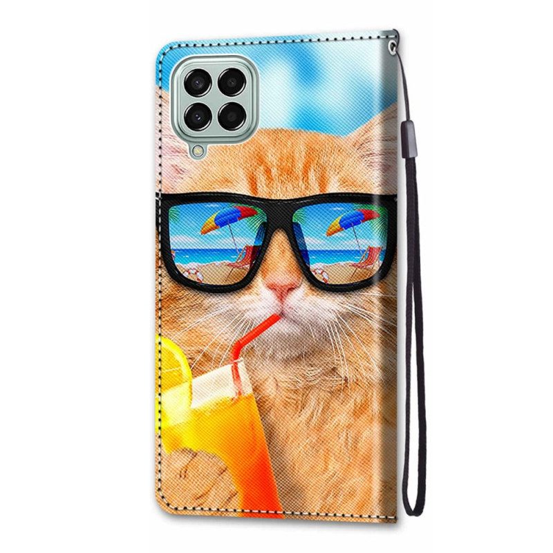 Flip Case Für Samsung Galaxy M53 5G Mit Kordel Strappy Star Cat