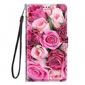 Flip Case Für Samsung Galaxy M53 5G Rosen Mit Schlüsselband