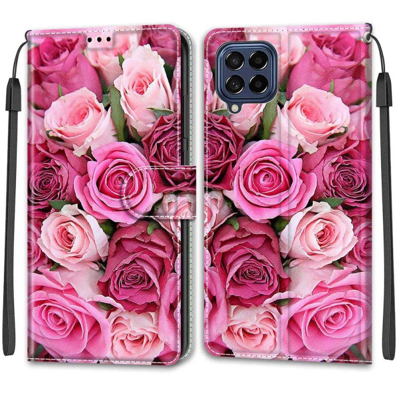 Flip Case Für Samsung Galaxy M53 5G Rosen Mit Schlüsselband