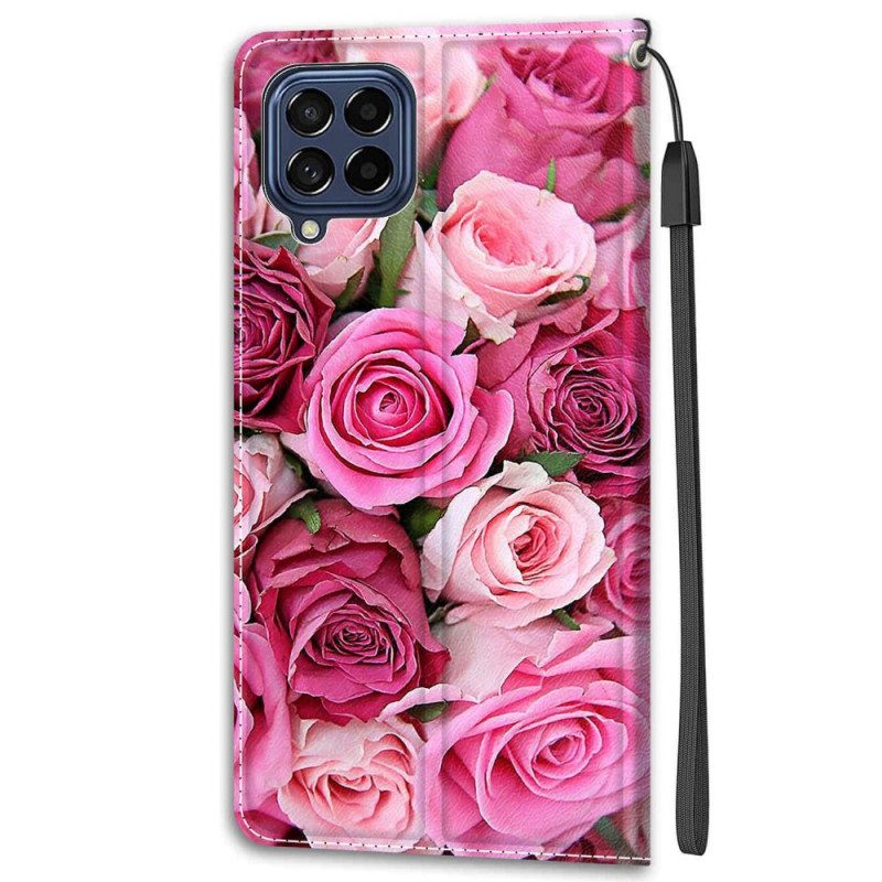 Flip Case Für Samsung Galaxy M53 5G Rosen Mit Schlüsselband