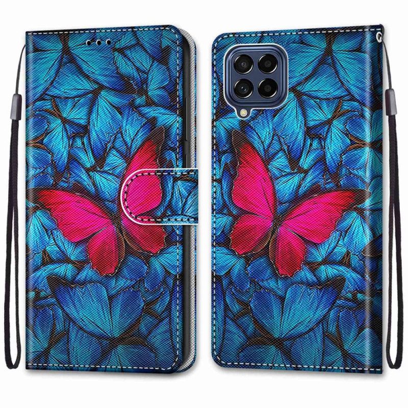 Flip Case Für Samsung Galaxy M53 5G Roter Schmetterling. Blauer Hintergrund