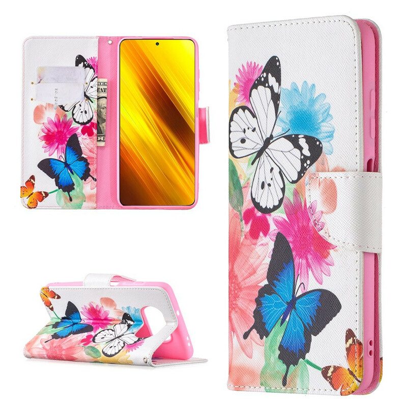 Flip Case Für Poco X3 / X3 Pro / X3 NFC Bemalte Schmetterlinge Und Blumen