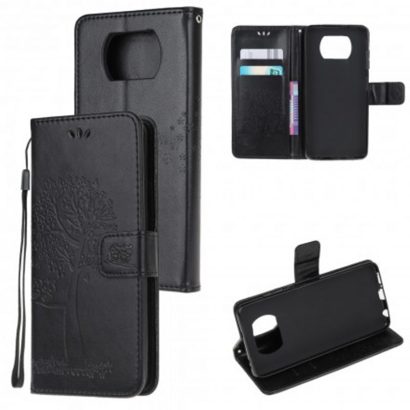 Flip Case Für Poco X3 / X3 Pro / X3 NFC Mit Kordel Tangabaum Und Eulen